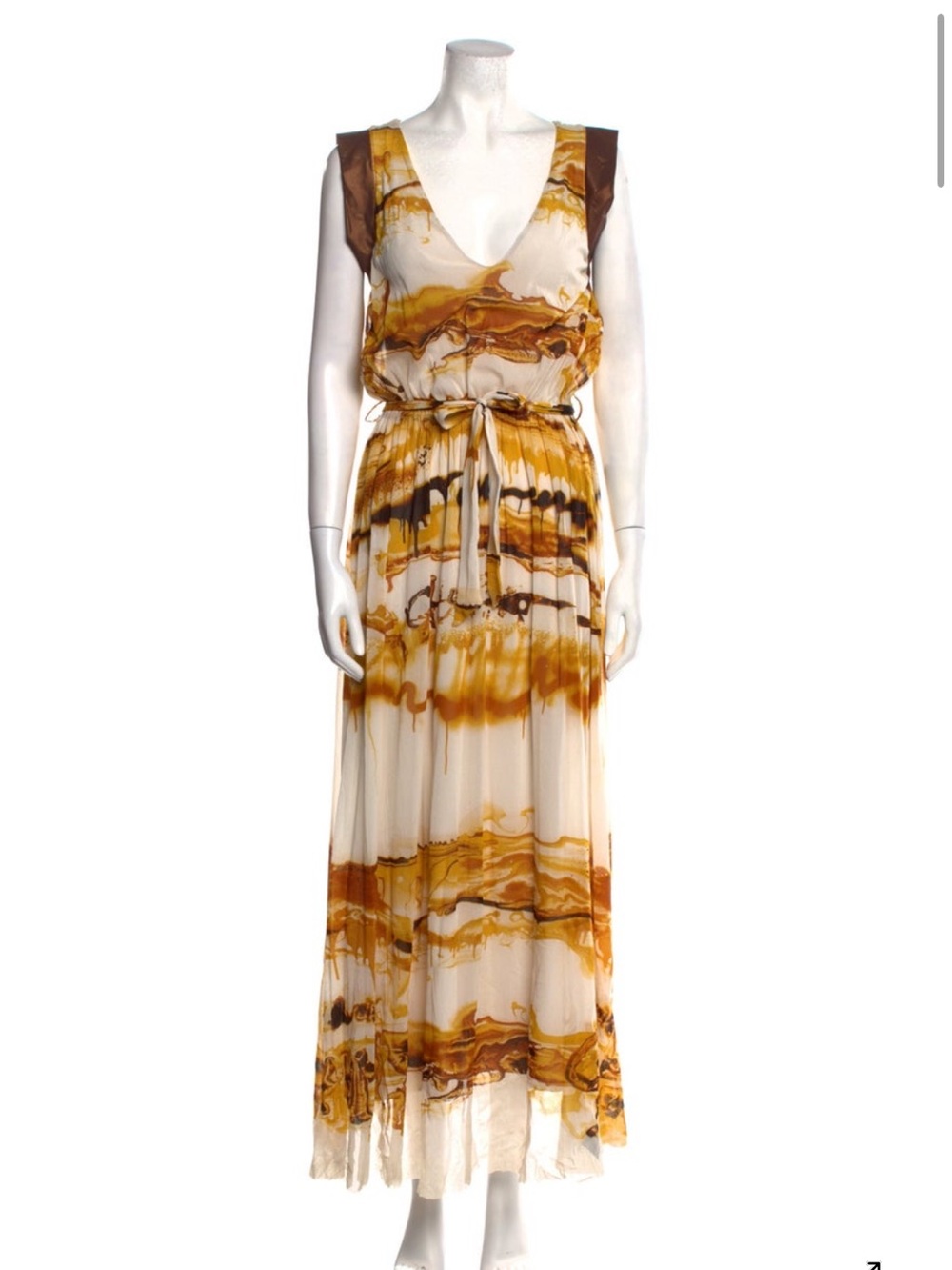 Jean Paul Gaultier Soleil Sleeveless V-Neck Maxi Dress in Mustard Marble Print